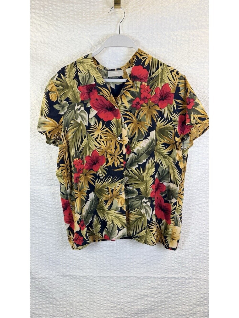 Liz Claiborne Size 14 Floral Hawaiian Blouse Top Silk Button Down Summer Casual